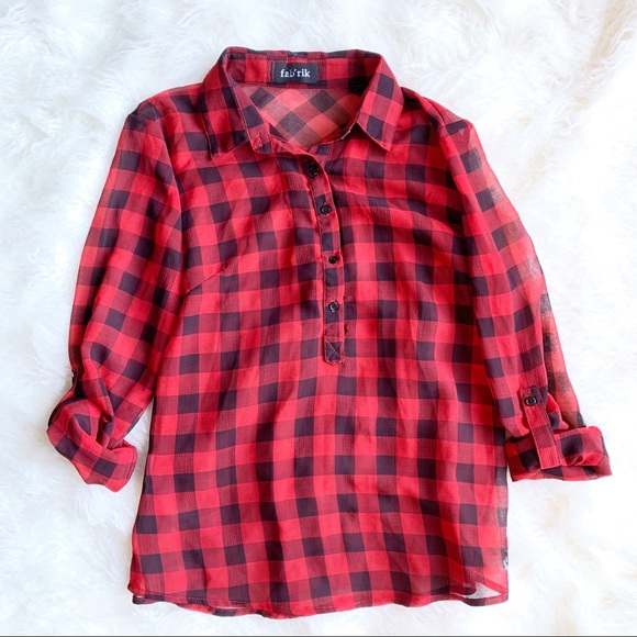 fab'rik Tops - Sheer Red Buffalo Plaid Fab’rik Top